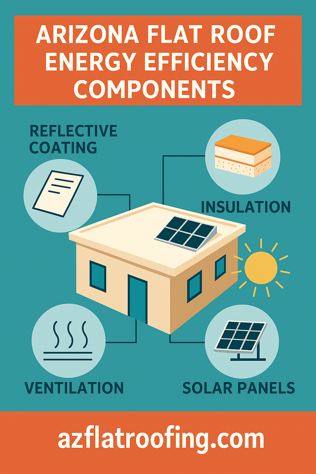 What_Makes_a_Flat_Roof_Energy_Efficient_in_Arizona-Infographic-Arizona_Flat_Roof_Energy_Efficiency_Components • AZ Flat Roofing Diagram showing insulation, drainage, coating, and sunlight reflection for flat roof energy performance in Arizona